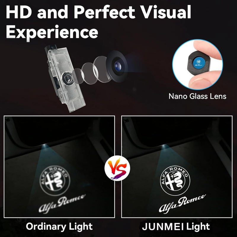 JUNMEI Door Lights Logo Projector Puddle Lights Ultra-Bright Welcome Step Light,Never Fade Puddle Lights Compatible with Alfa Romeo Giulia 952 Stelvio 949 Tonale Giulietta Accessories (White Logo Letter) - Image 2